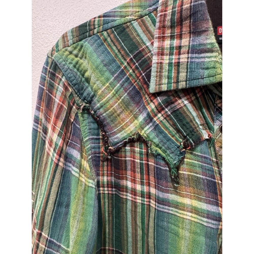 Diesel Green Plaid Western Snap Shirt size M men cowboy cotton fringe seams vtg - Picture 4 of 9